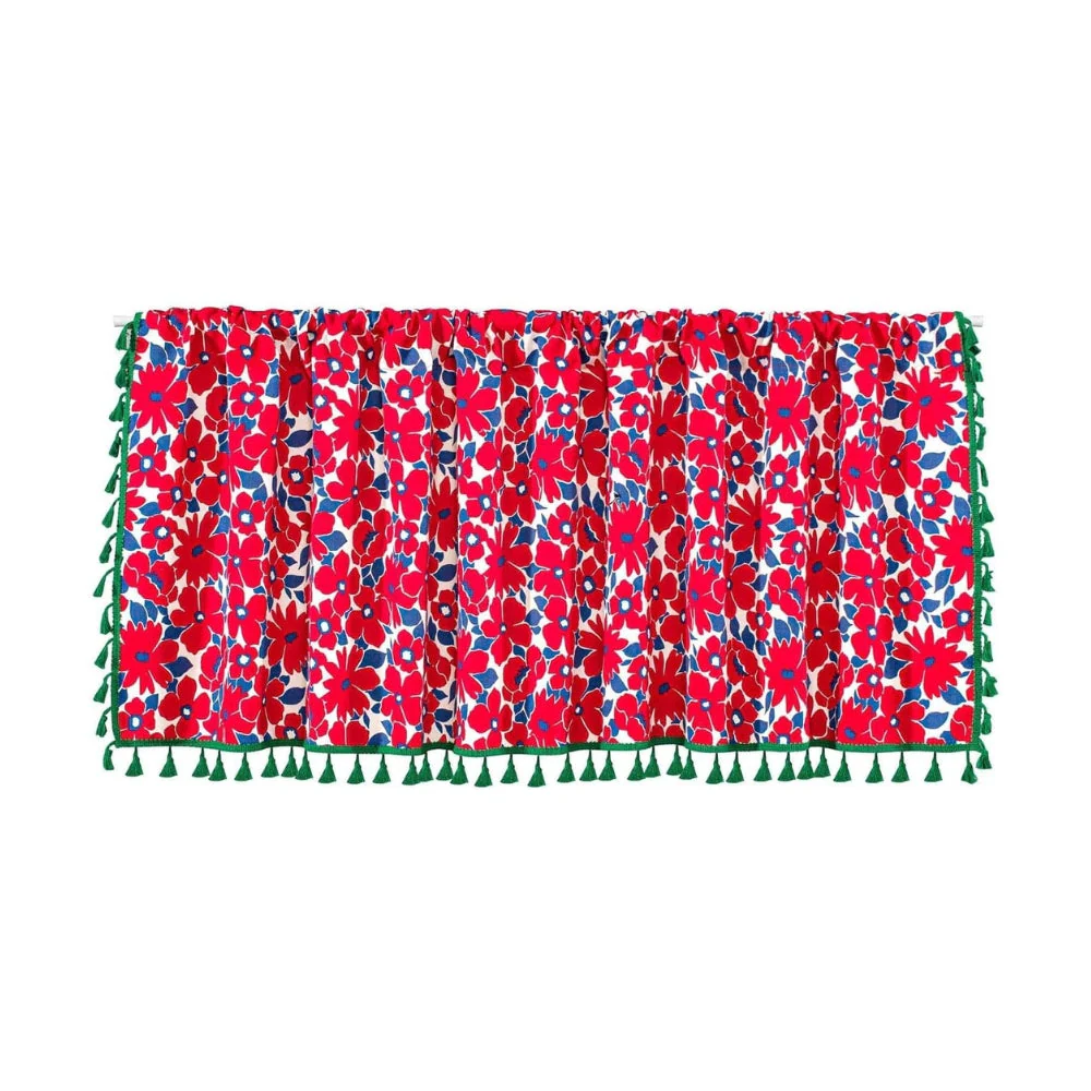 Graceful Red Floral Linen Cabinet Window Curtain - Image 8