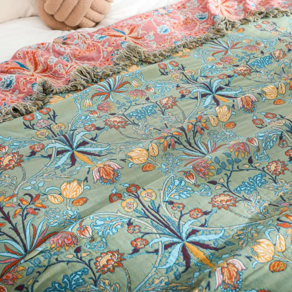 Greenery Floral Cotton Tassel Blanket - Image 2