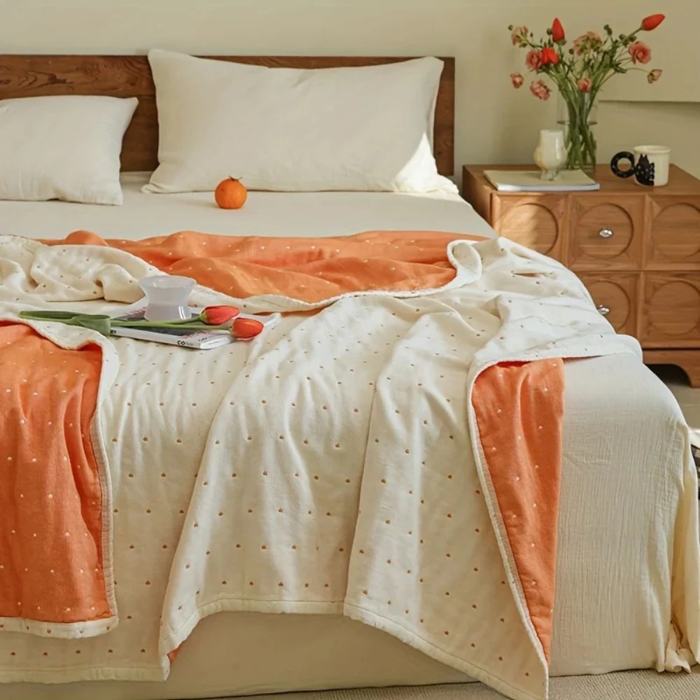 Heart Stitched Double-Spliced Cotton Gauze Blanket - Image 7