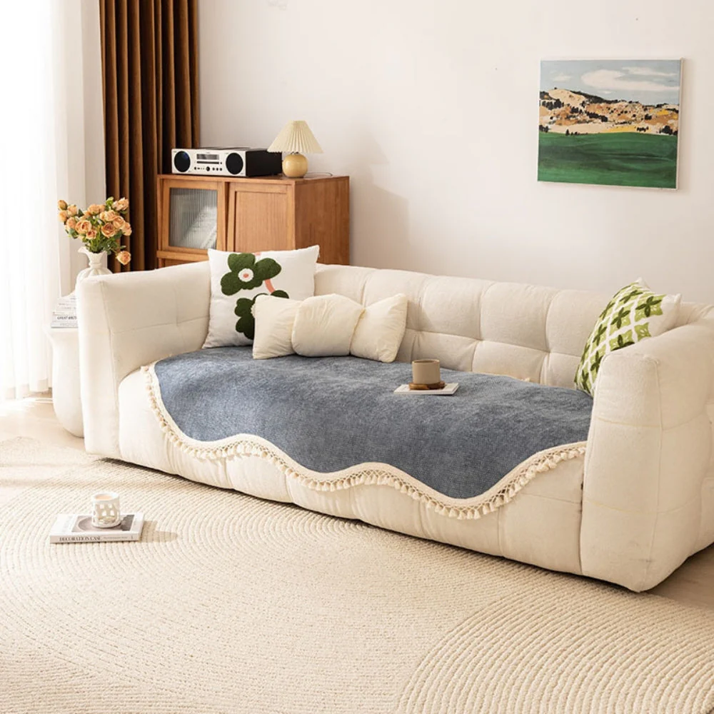 Luxury Chenille Woven Texture Tassel Sofa Cover - Image 2