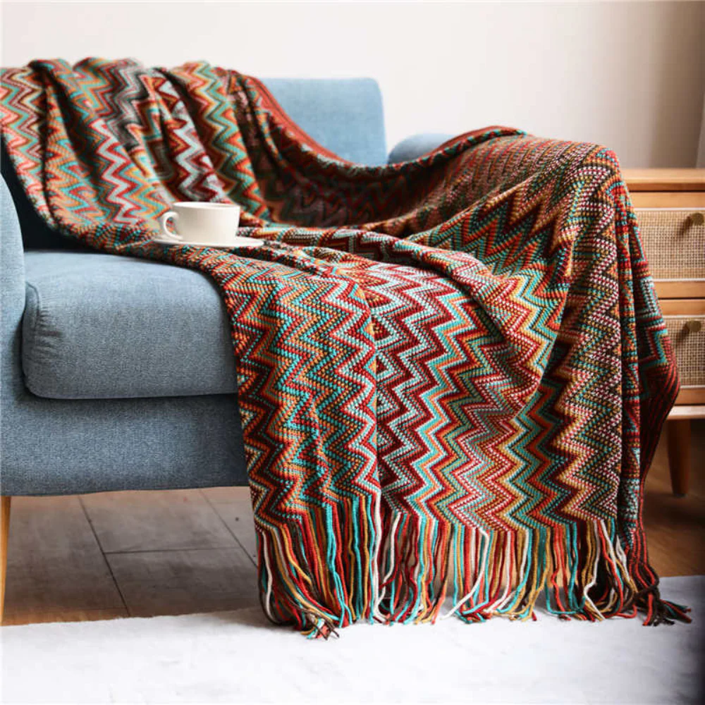 Multicolor Zigzag Tasseled Knit Throw - Image 2