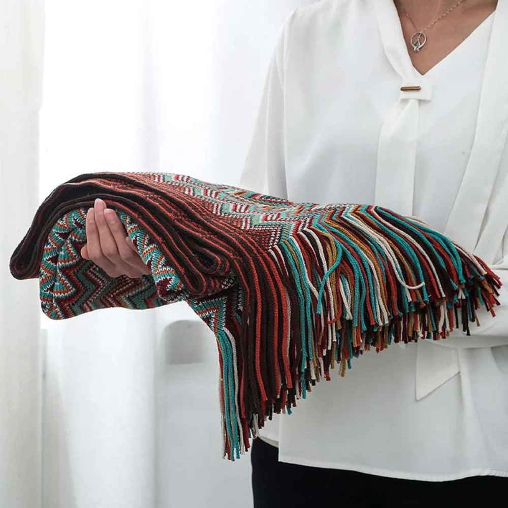 Multicolor Zigzag Tasseled Knit Throw - Image 24