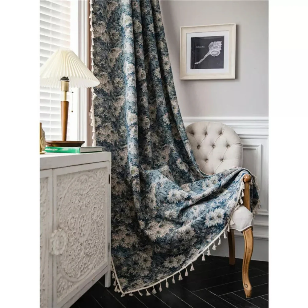 Navy Floral Tassel Curtains - Image 2