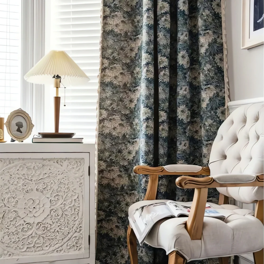 Navy Floral Tassel Curtains - Image 3
