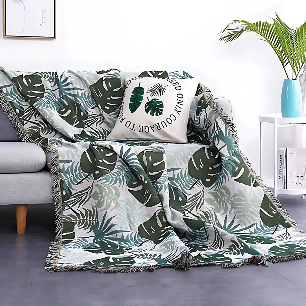 Palm Leaves Sofa Cover Tassel Blanket - Image 3