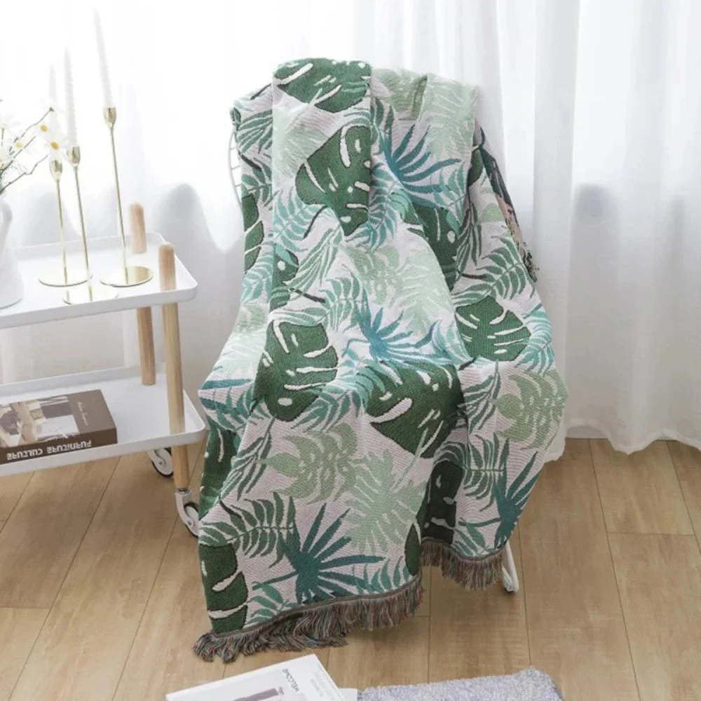 Palm Leaves Sofa Cover Tassel Blanket - Image 5