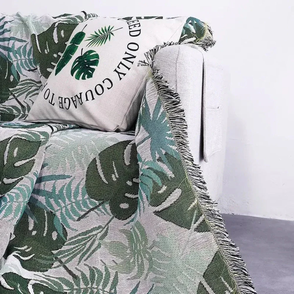 Palm Leaves Sofa Cover Tassel Blanket - Image 6