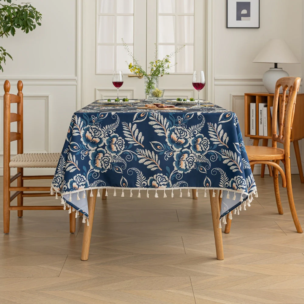 Peacock Blossom Boho Floral Tablecloth with Tassel - Image 2