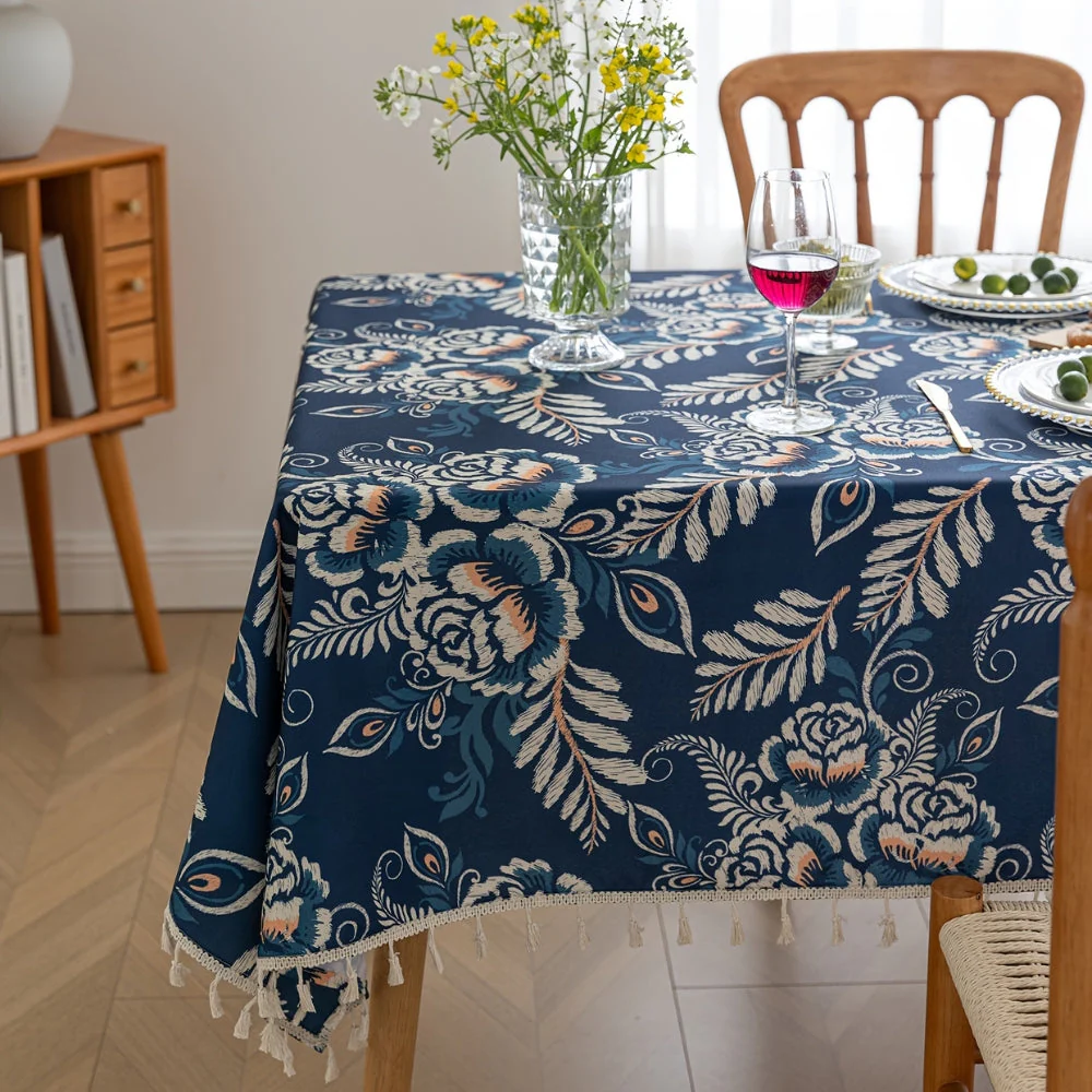 Peacock Blossom Boho Floral Tablecloth with Tassel - Image 3