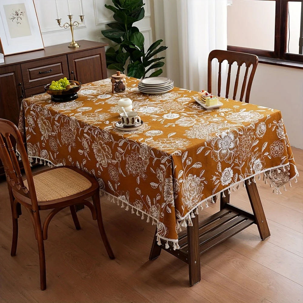 Peacock Blossom Boho Floral Tablecloth with Tassel - Image 7