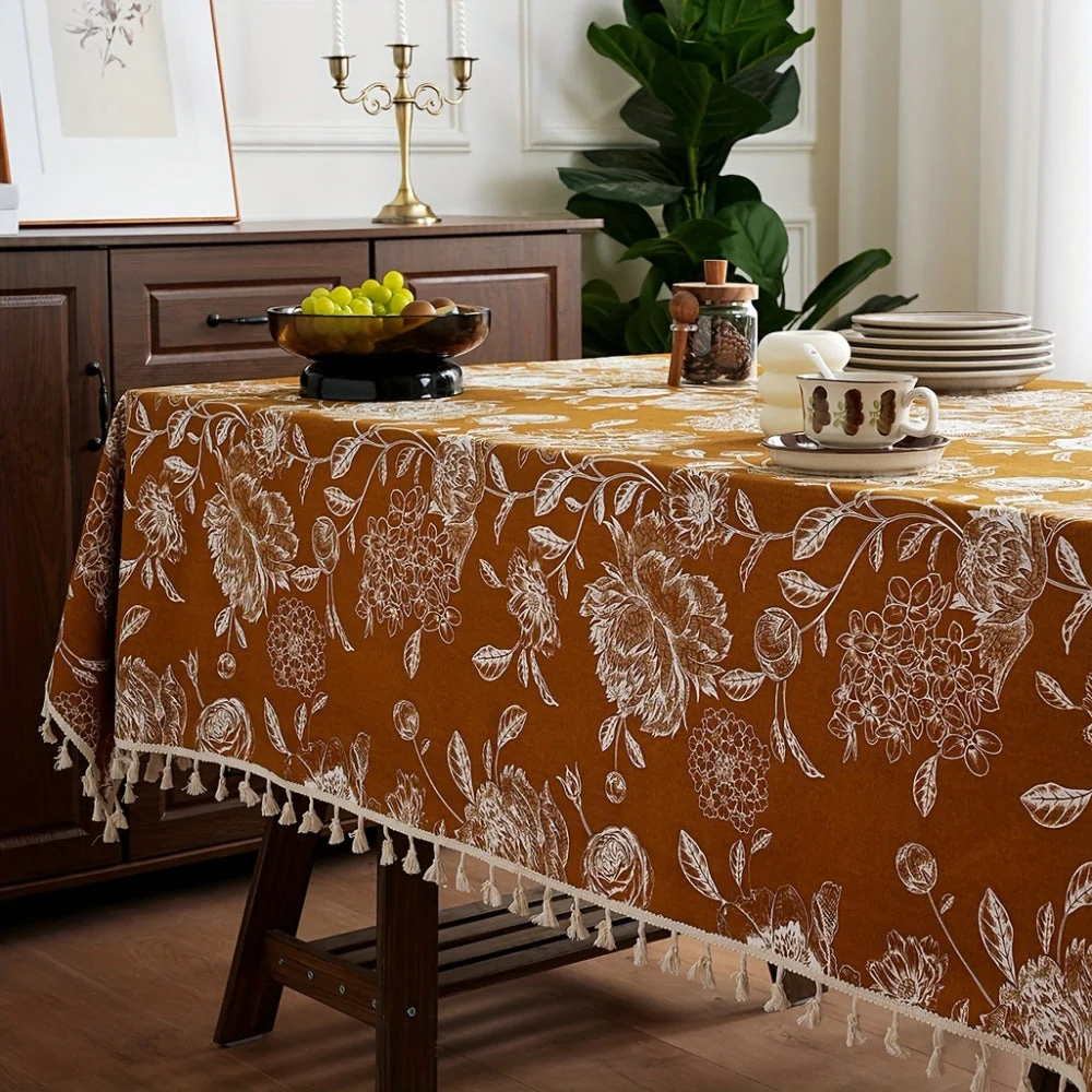 Peacock Blossom Boho Floral Tablecloth with Tassel - Image 8