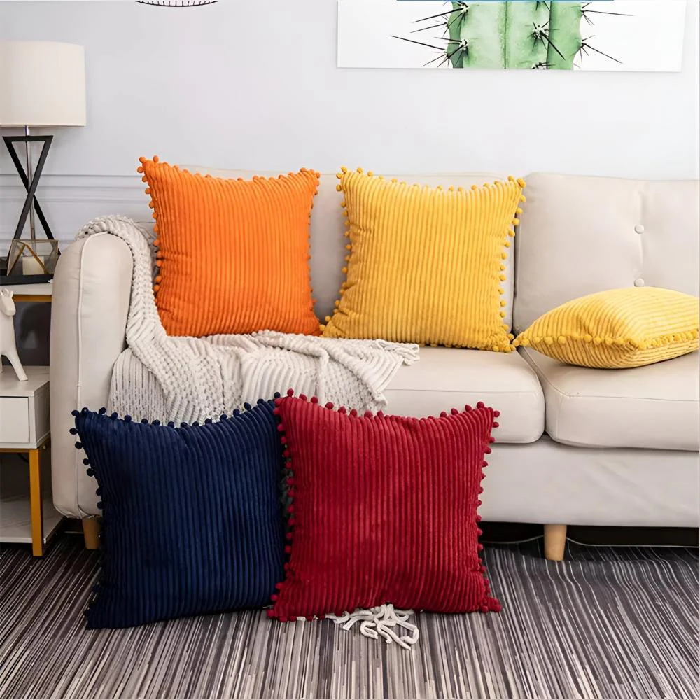 Plush Ribbed Pom-Pom Cushion Cover - Image 10