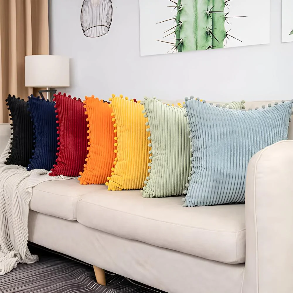 Plush Ribbed Pom-Pom Cushion Cover - Image 11