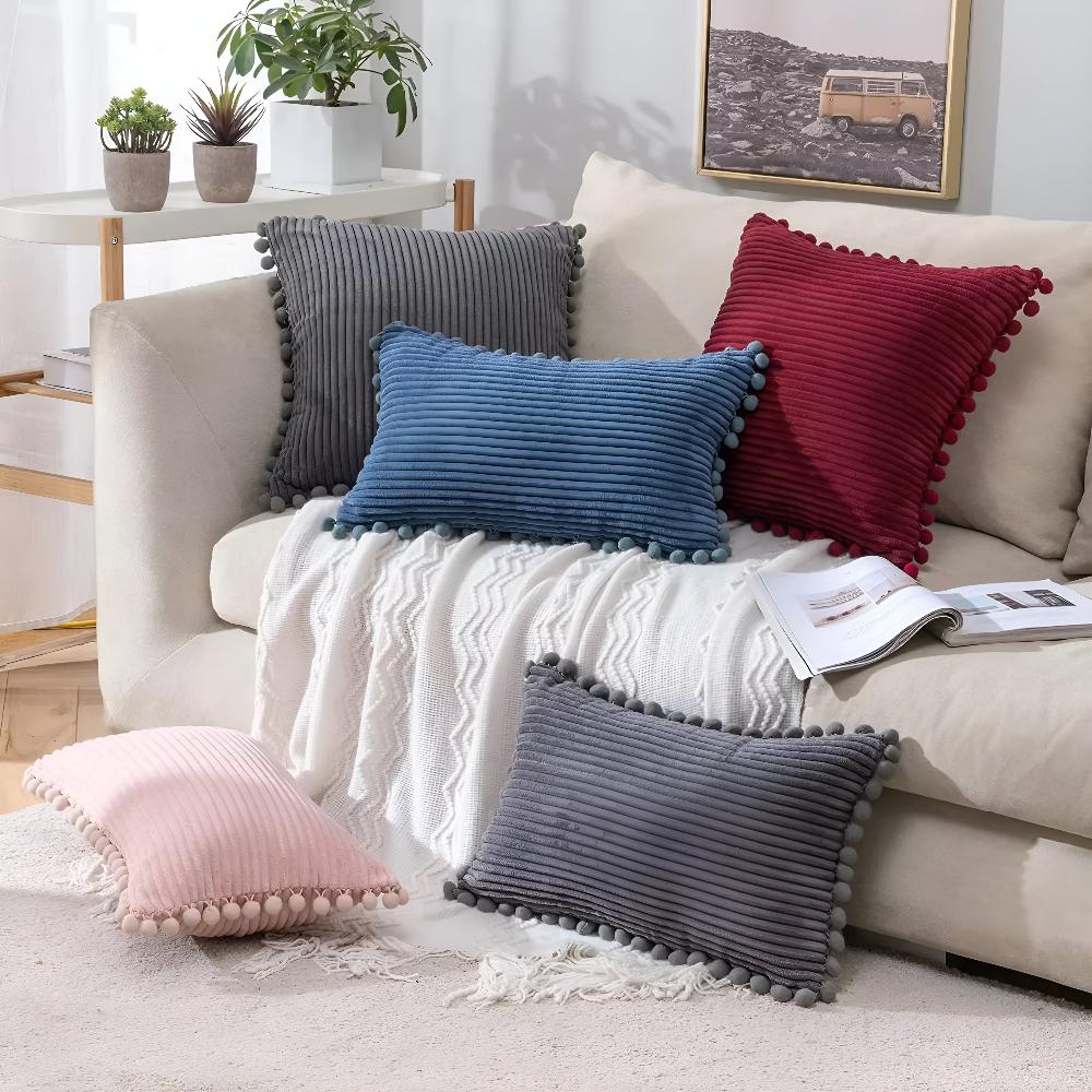 Plush Ribbed Pom-Pom Cushion Cover - Image 2