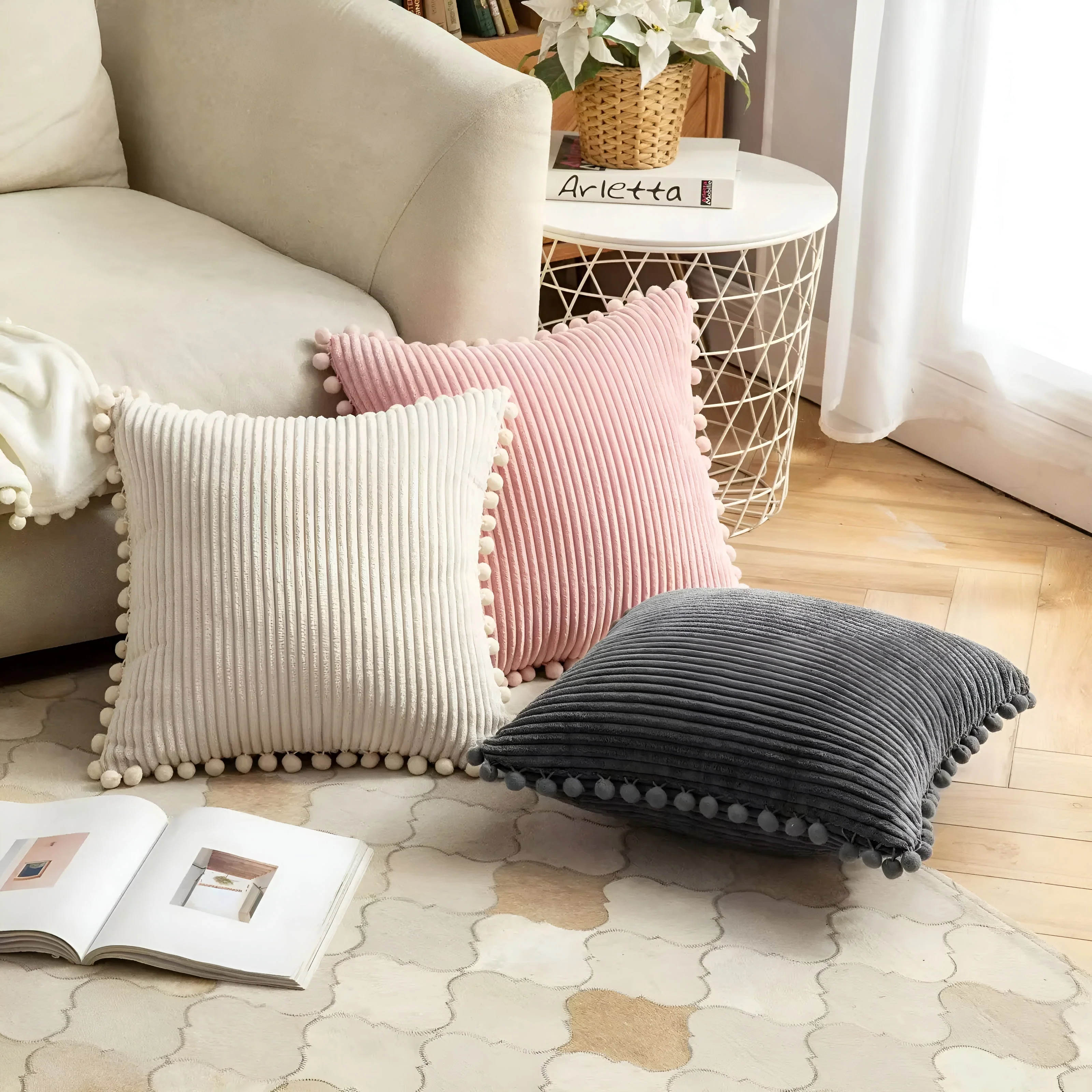 Plush Ribbed Pom-Pom Cushion Cover - Image 3