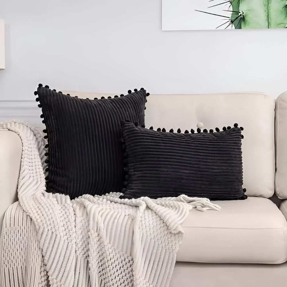 Plush Ribbed Pom-Pom Cushion Cover - Image 8