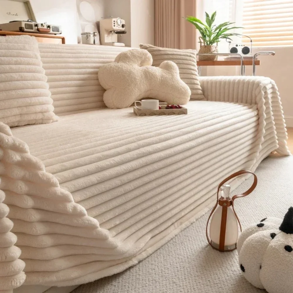 Plush Striped Warm Sofa Cover - Image 3