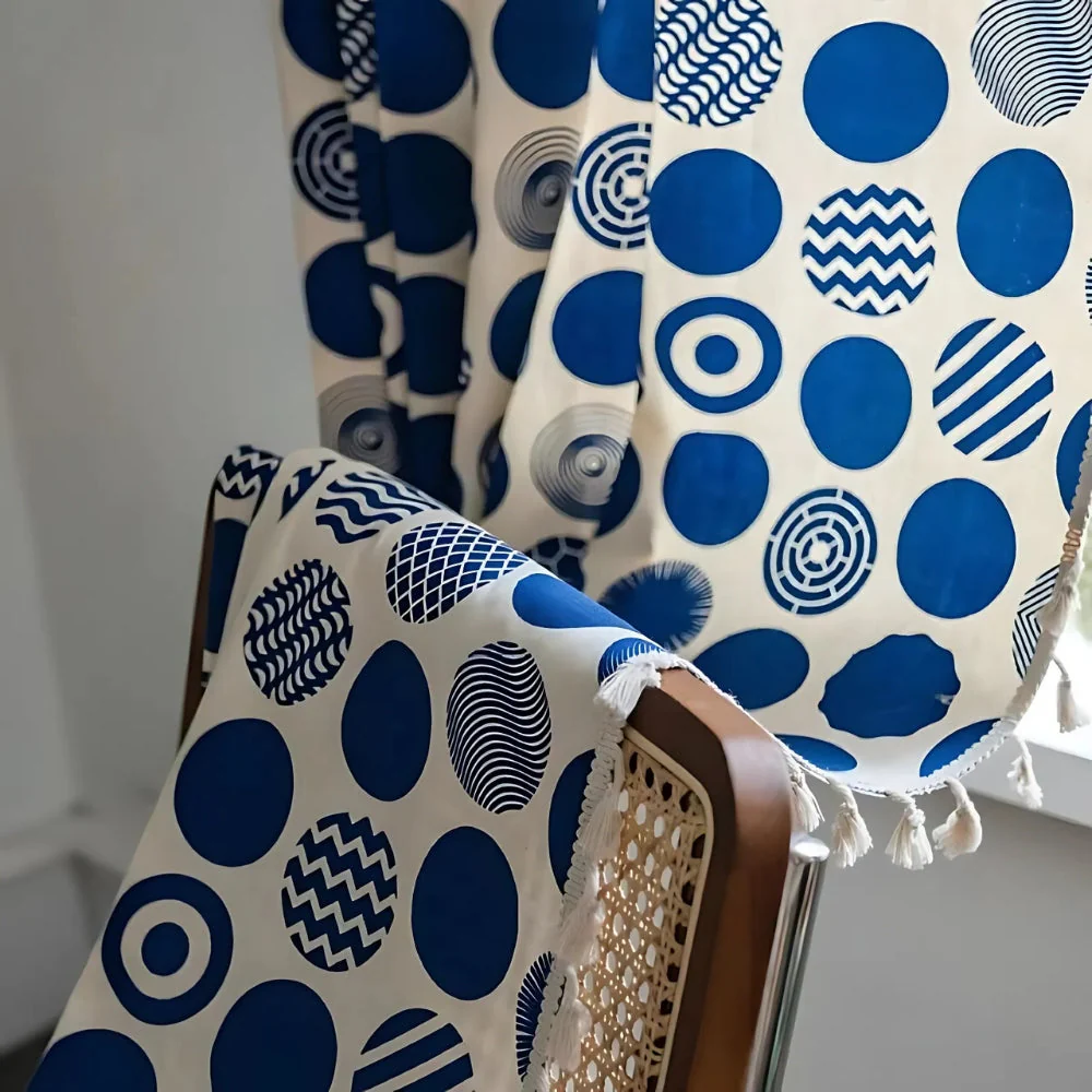 Retro Blue Polka Dots Patterned Window Curtain - Image 2