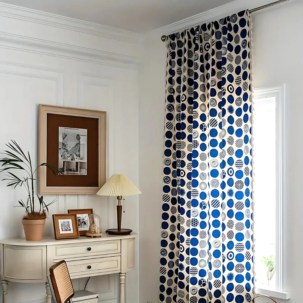 Retro Blue Polka Dots Patterned Window Curtain - Image 3