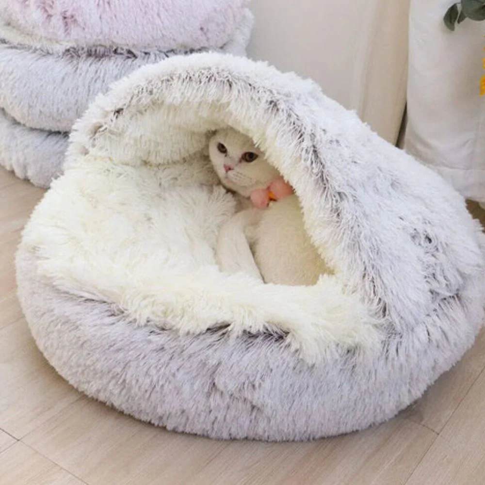 Round Hooded Faux Fur Pet Bed - Image 3