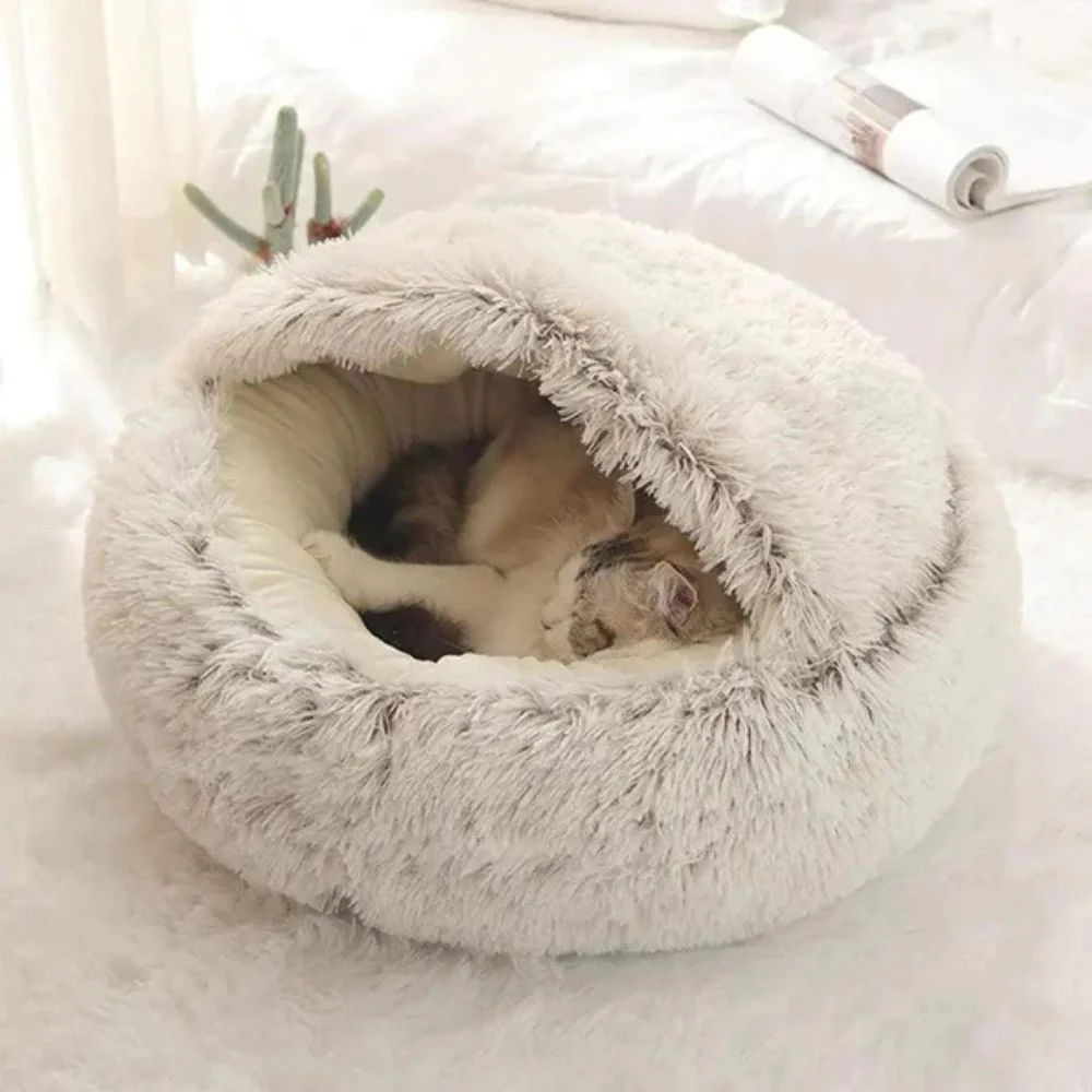 Round Hooded Faux Fur Pet Bed - Image 4