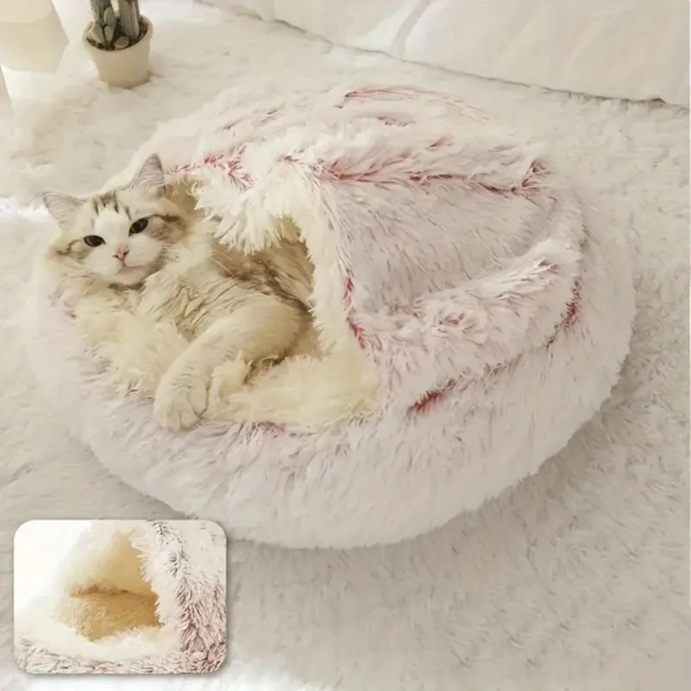 Round Hooded Faux Fur Pet Bed - Image 5
