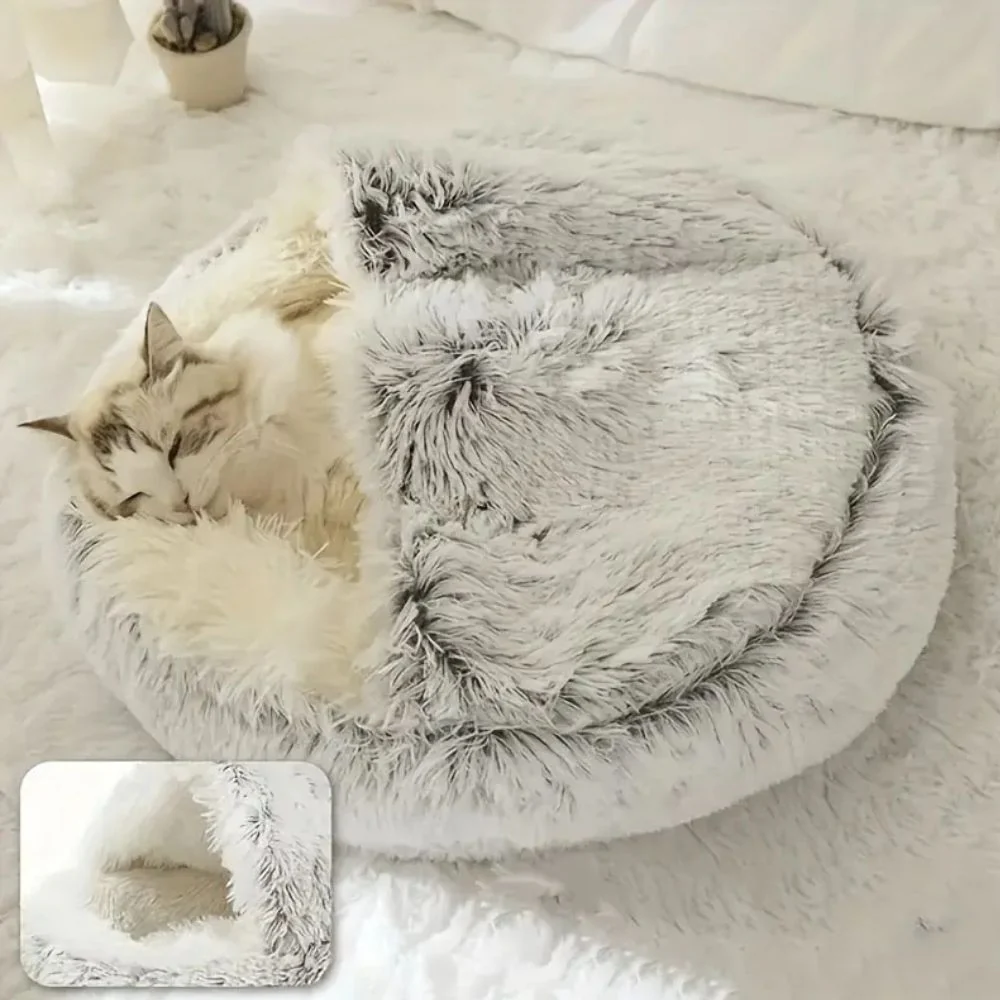 Round Hooded Faux Fur Pet Bed - Image 6