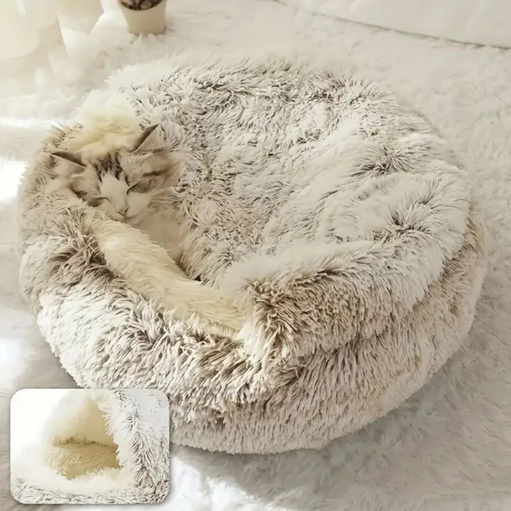 Round Hooded Faux Fur Pet Bed - Image 7