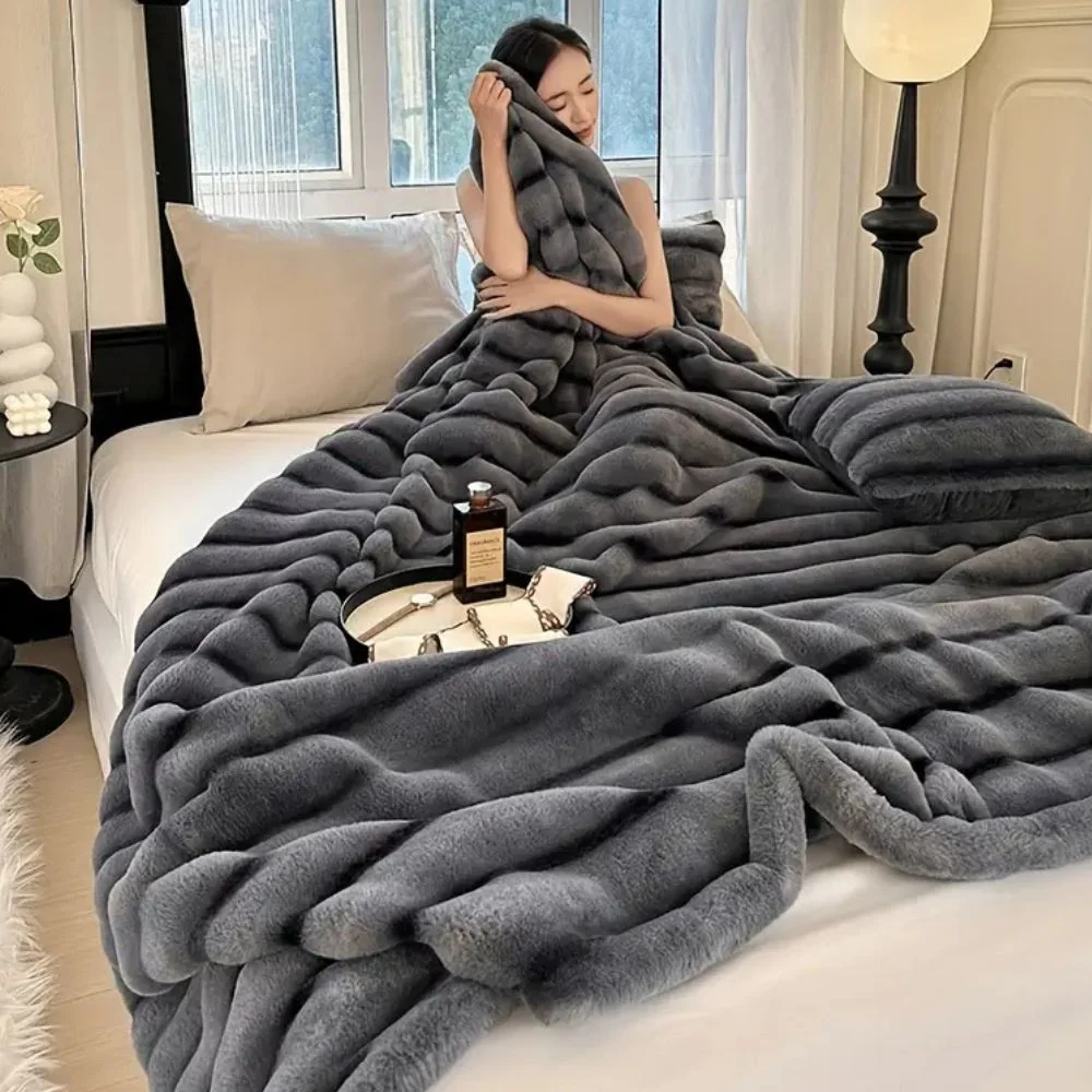 Ruched Faux Rabbit Fur Blanket - Image 2