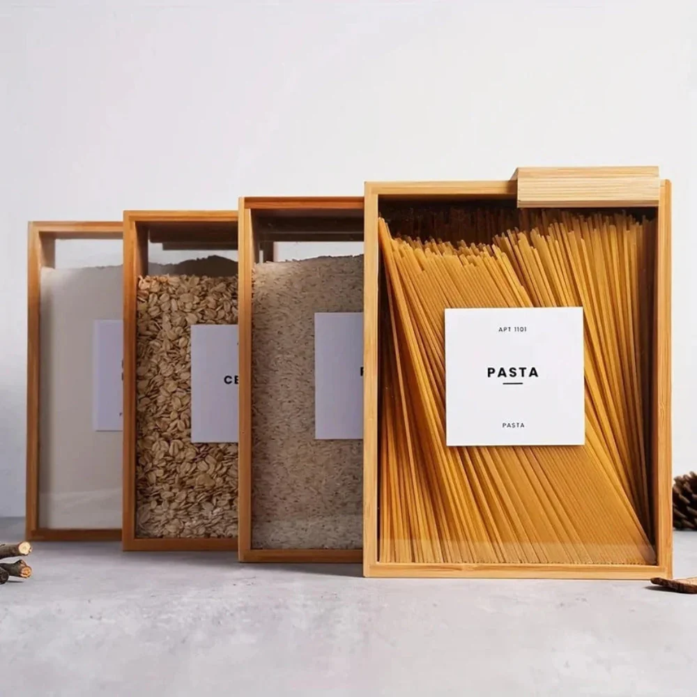 Sliding Bamboo Wood Pasta Grain Storage Container - Image 4