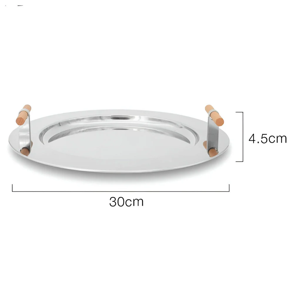 Elegant Stainless Steel Round Tray with Wooden Handles - Image 12