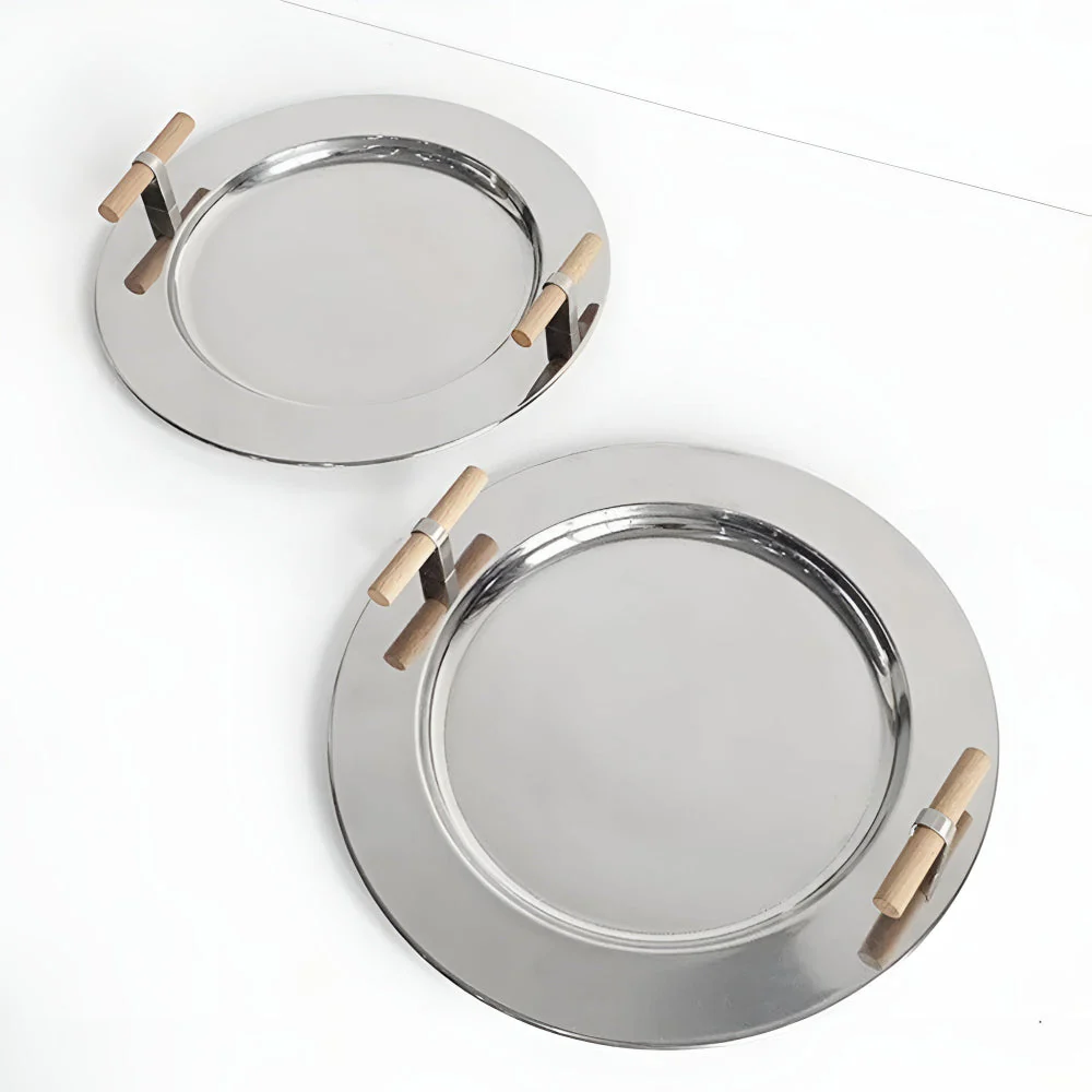 Elegant Stainless Steel Round Tray with Wooden Handles - Image 2