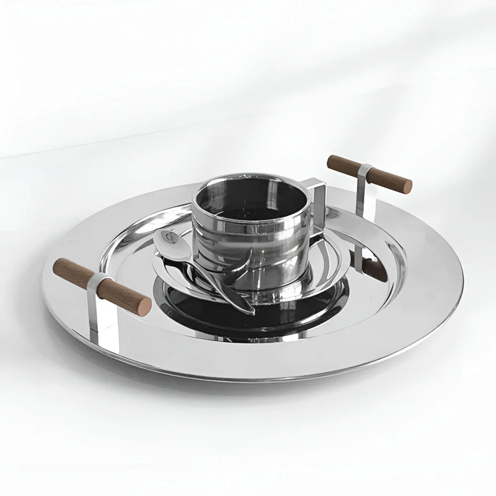 Elegant Stainless Steel Round Tray with Wooden Handles - Image 3
