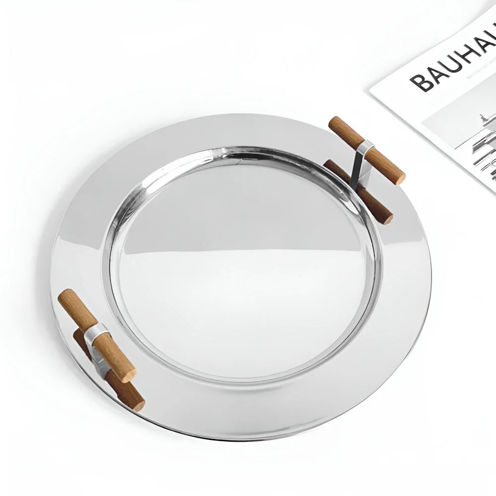 Elegant Stainless Steel Round Tray with Wooden Handles - Image 4