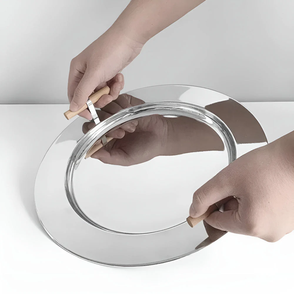 Elegant Stainless Steel Round Tray with Wooden Handles - Image 5