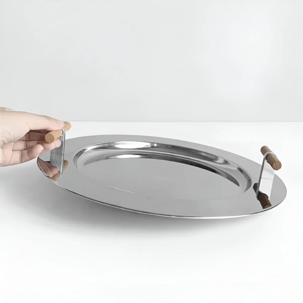 Elegant Stainless Steel Round Tray with Wooden Handles - Image 6