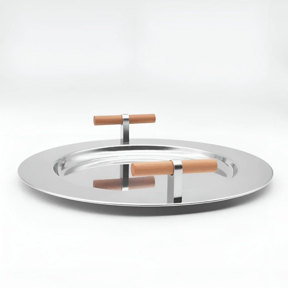 Elegant Stainless Steel Round Tray with Wooden Handles - Image 8