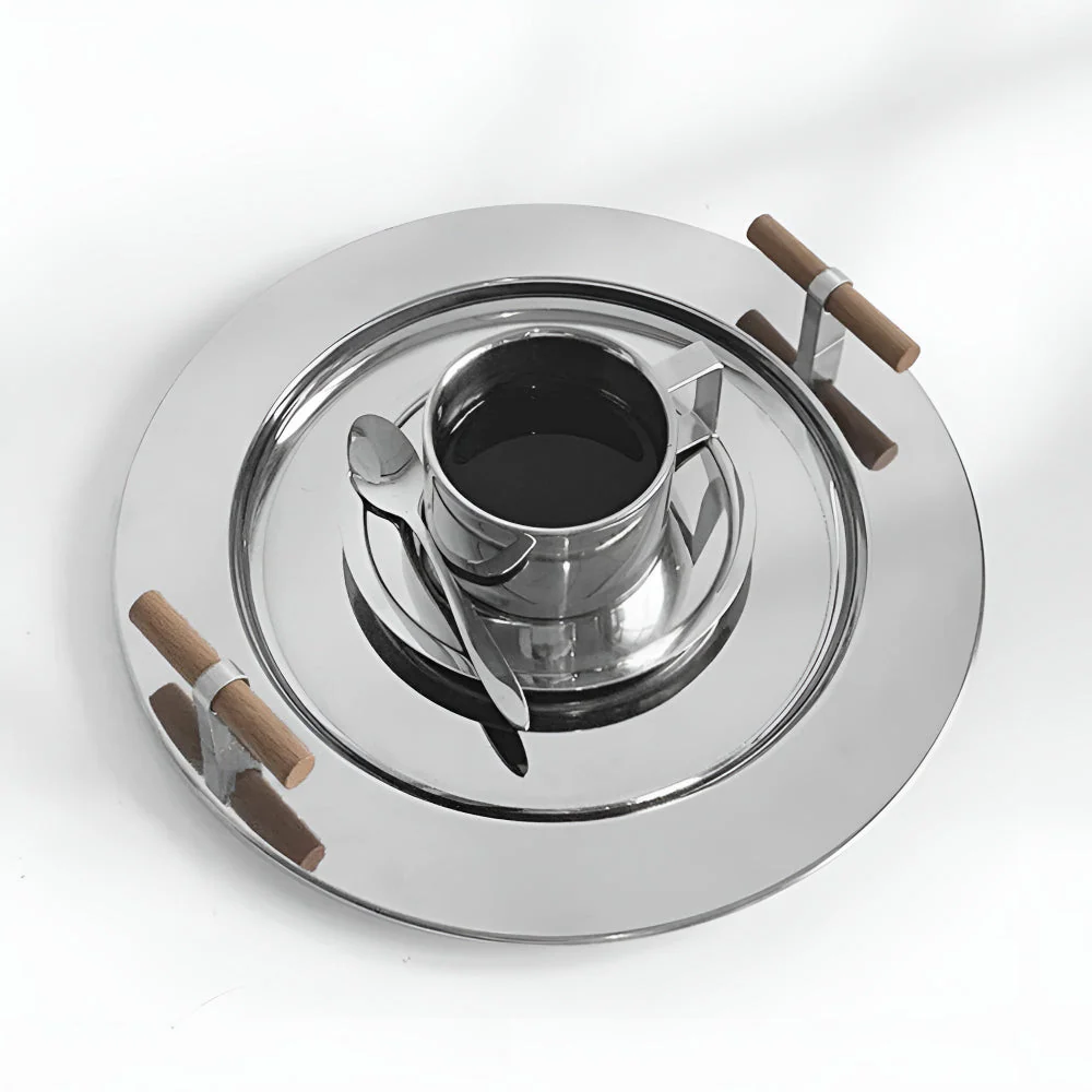 Elegant Stainless Steel Round Tray with Wooden Handles - Image 9