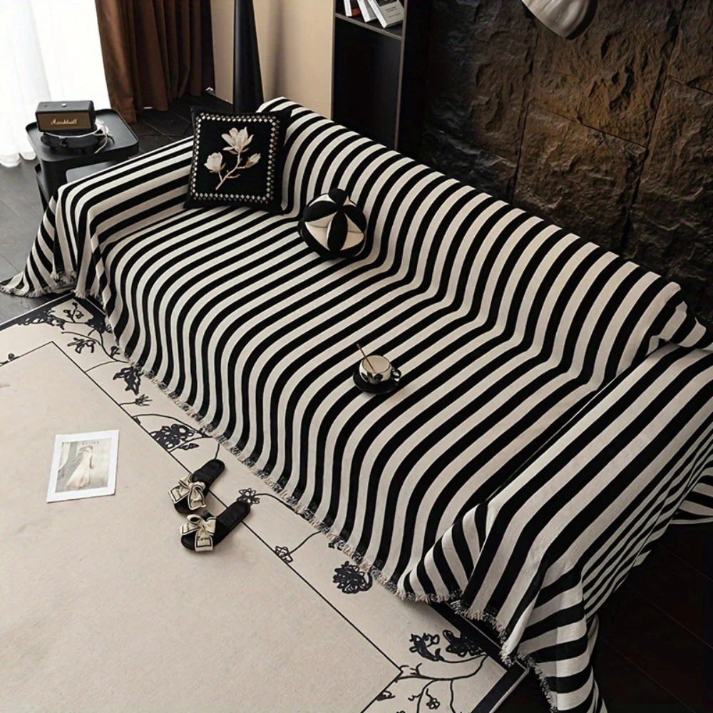 Striped Chenille Black White Sofa Cover - Image 2
