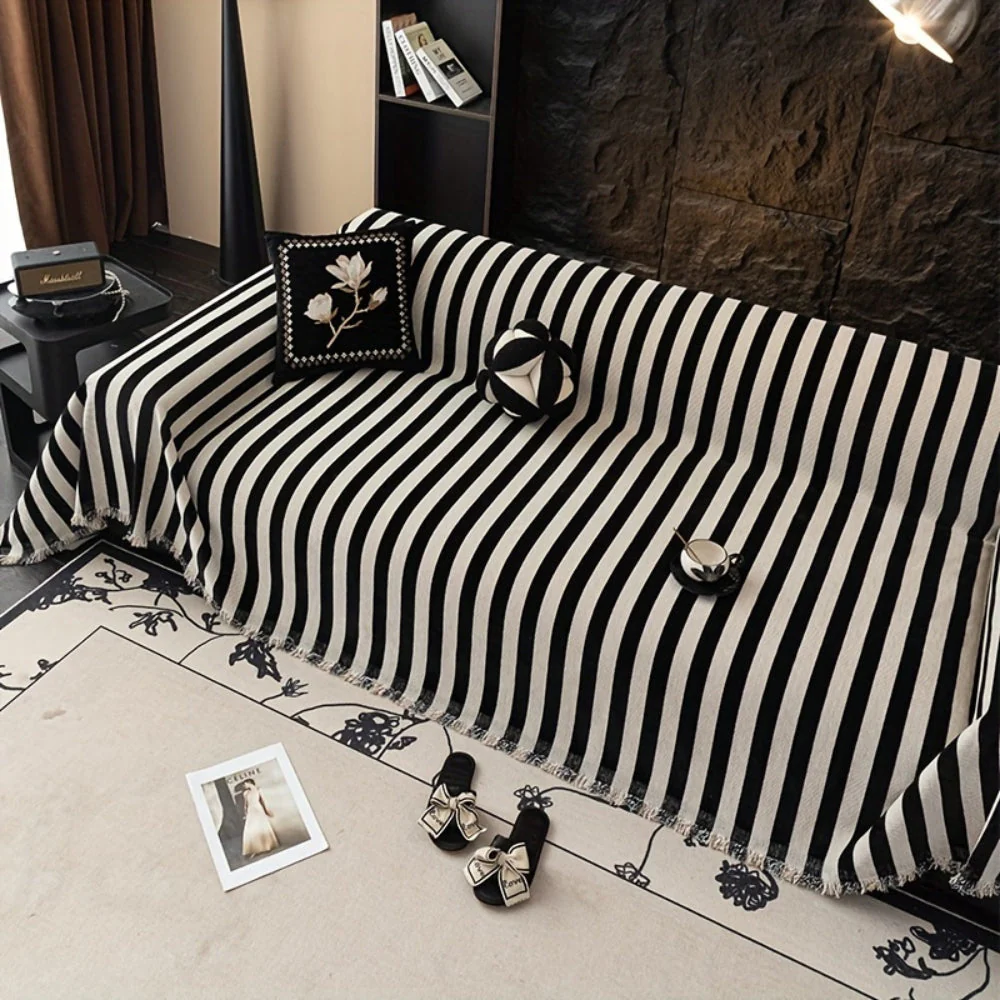 Striped Chenille Black White Sofa Cover - Image 3