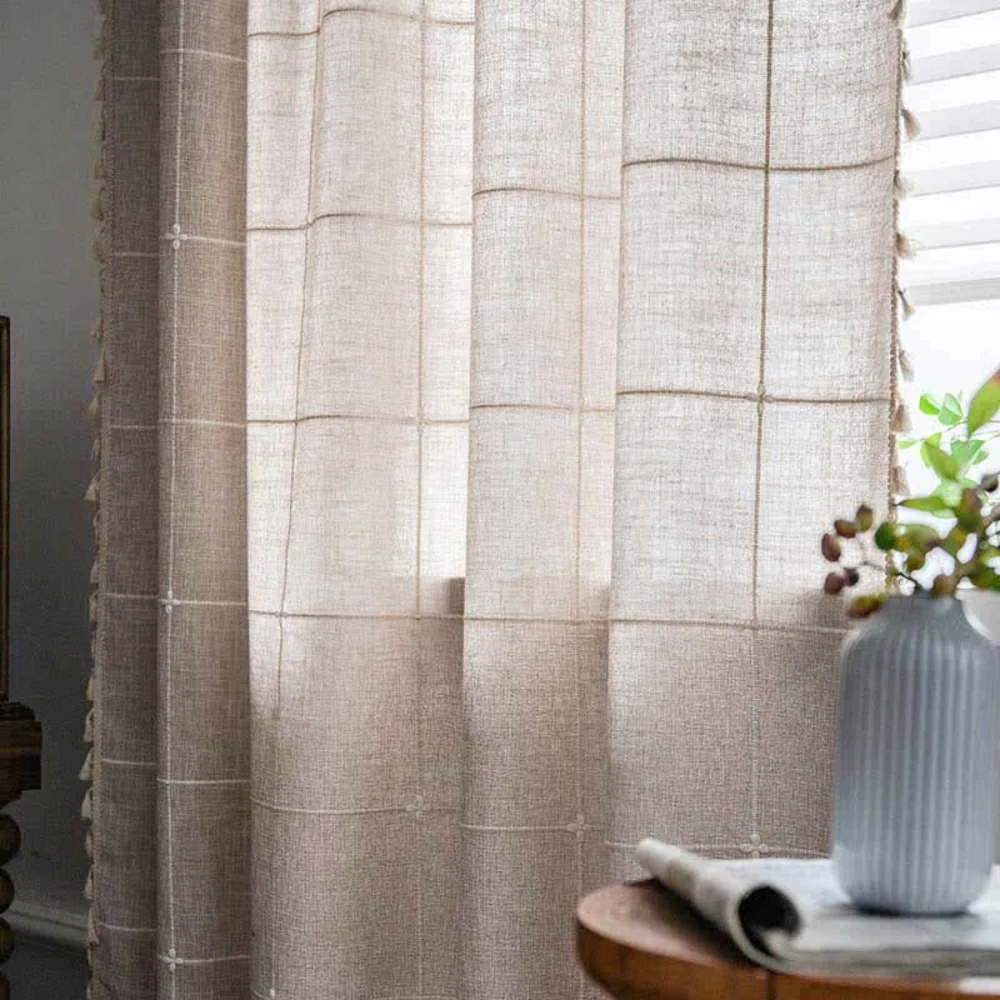 Tassel Plaid Curtain Semi Blackout Drapes - Image 6