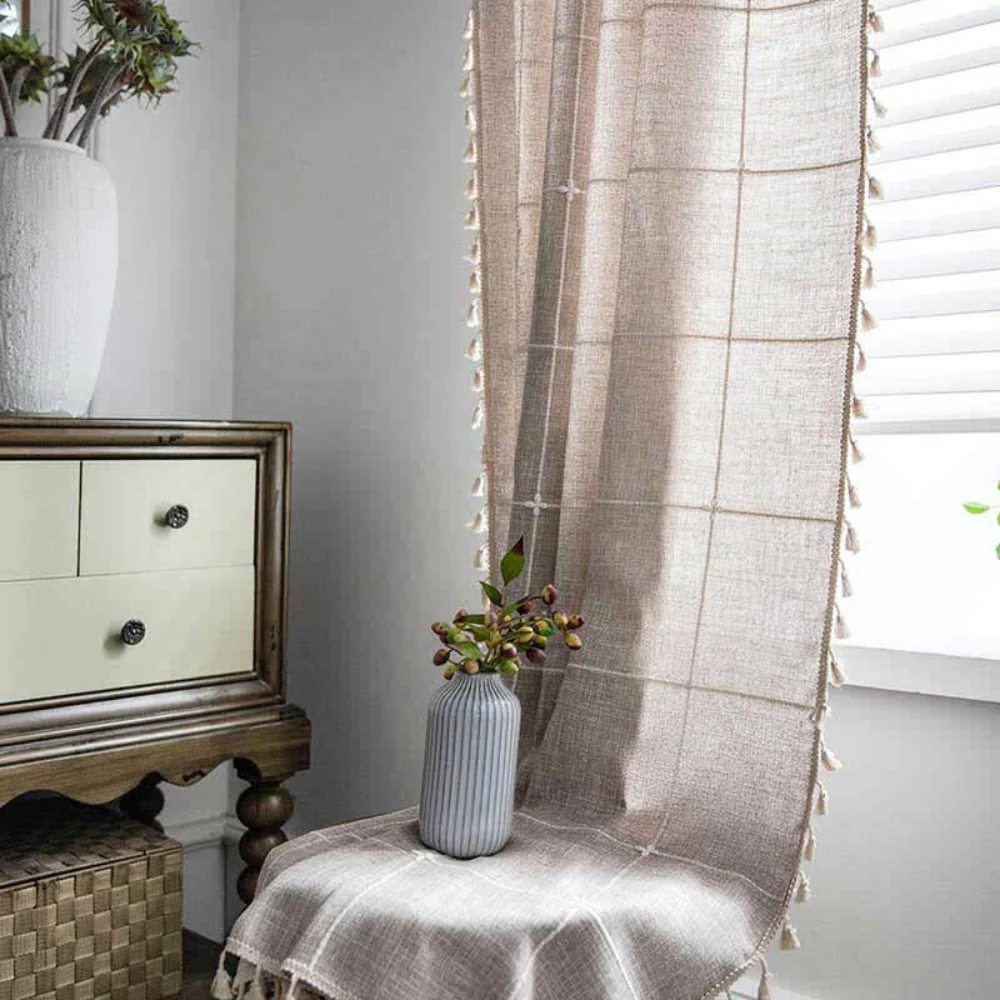 Tassel Plaid Curtain Semi Blackout Drapes - Image 8