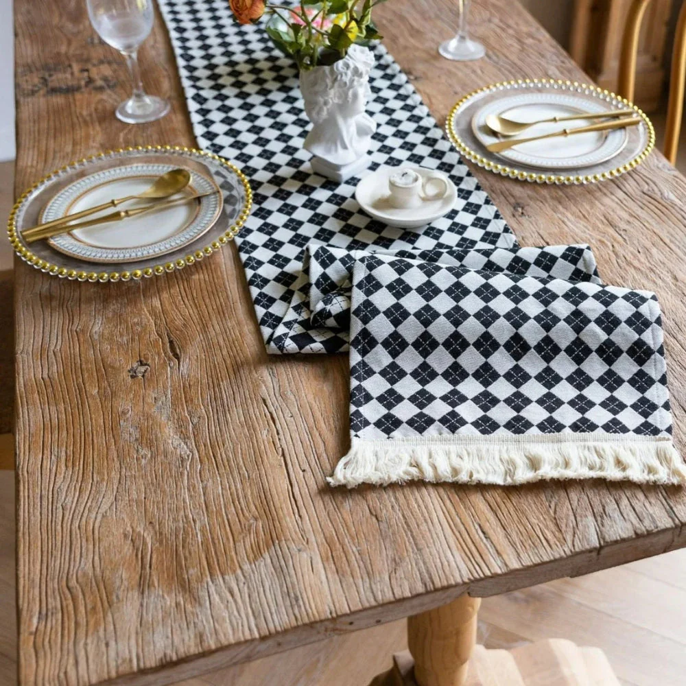 Tasseled Diamond Checkered Table Runner - Image 2