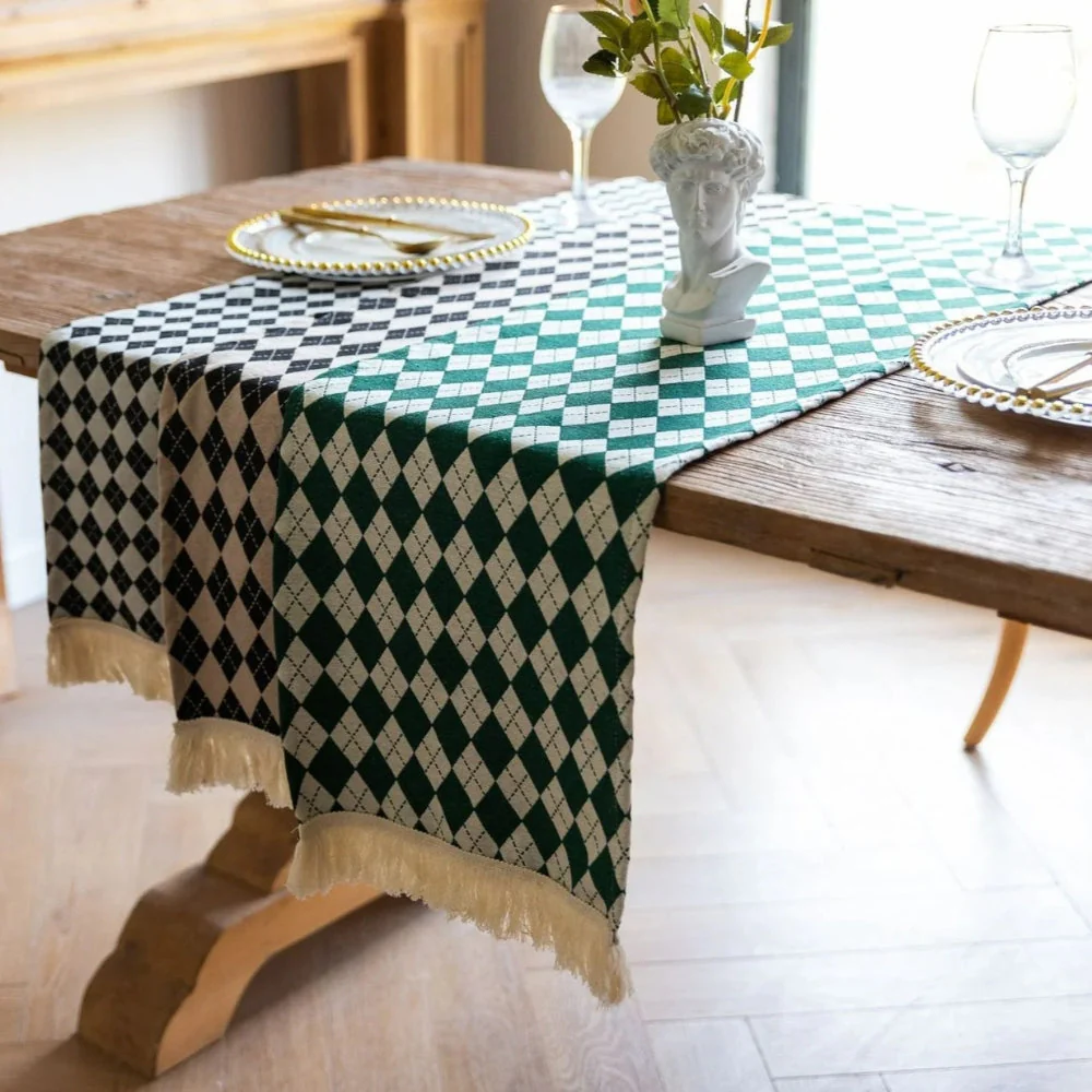 Tasseled Diamond Checkered Table Runner - Image 3
