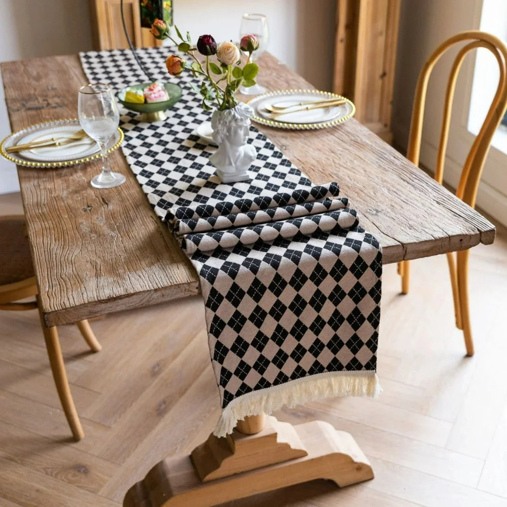 Tasseled Diamond Checkered Table Runner - Image 4
