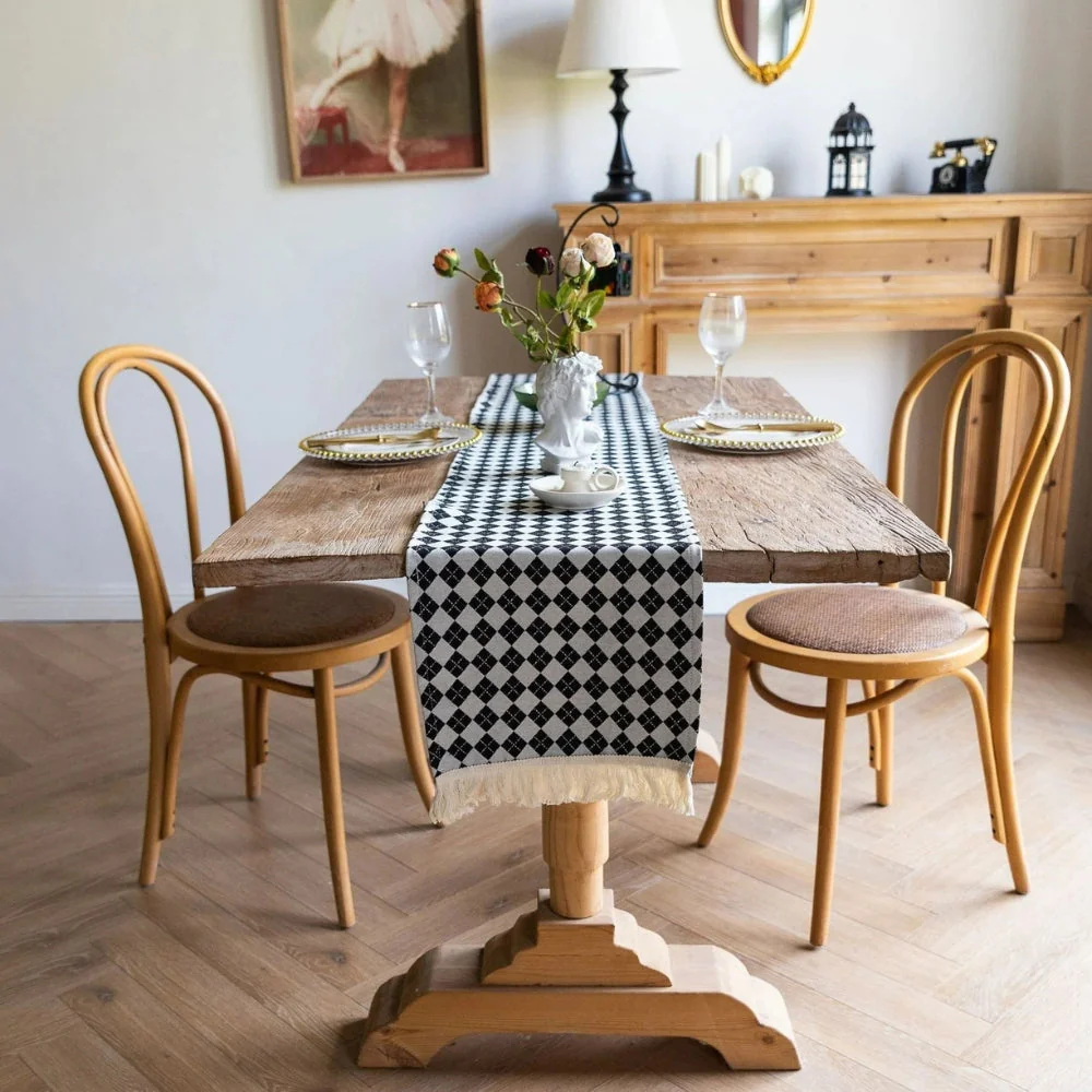 Tasseled Diamond Checkered Table Runner - Image 7