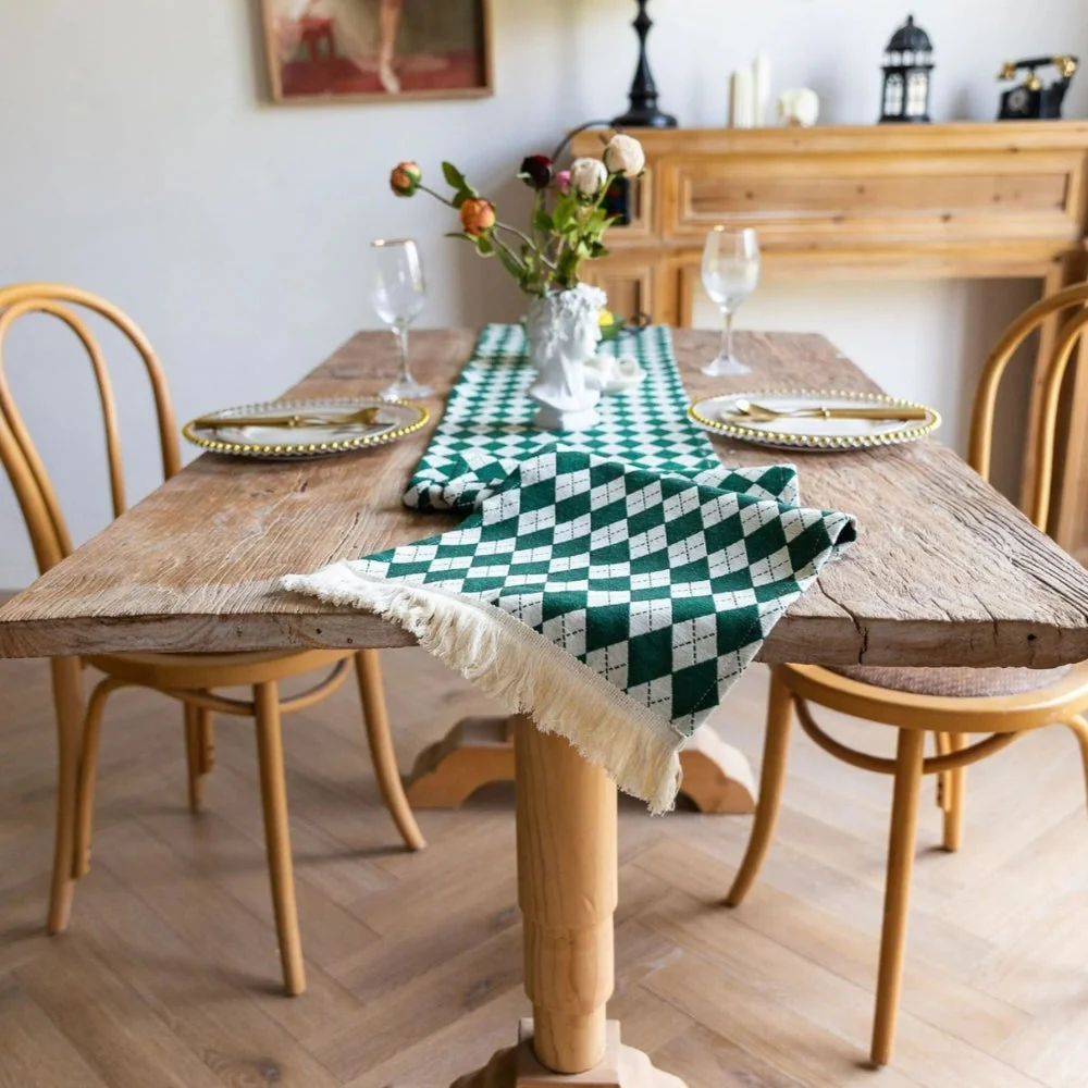 Tasseled Diamond Checkered Table Runner - Image 9