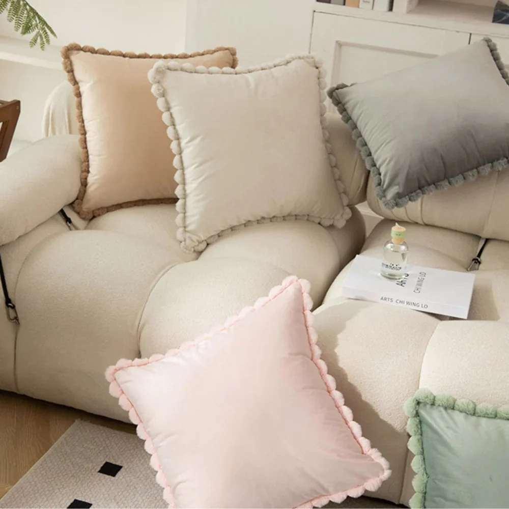 Velvet Pom-Pom Trim Cushion Cover