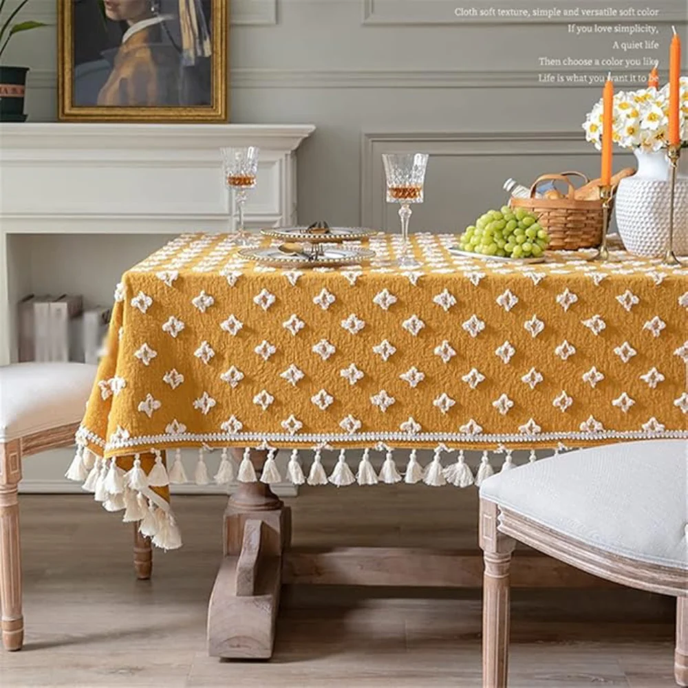 Versatile Yellow Embroidered Tassel Tablecloth - Image 3