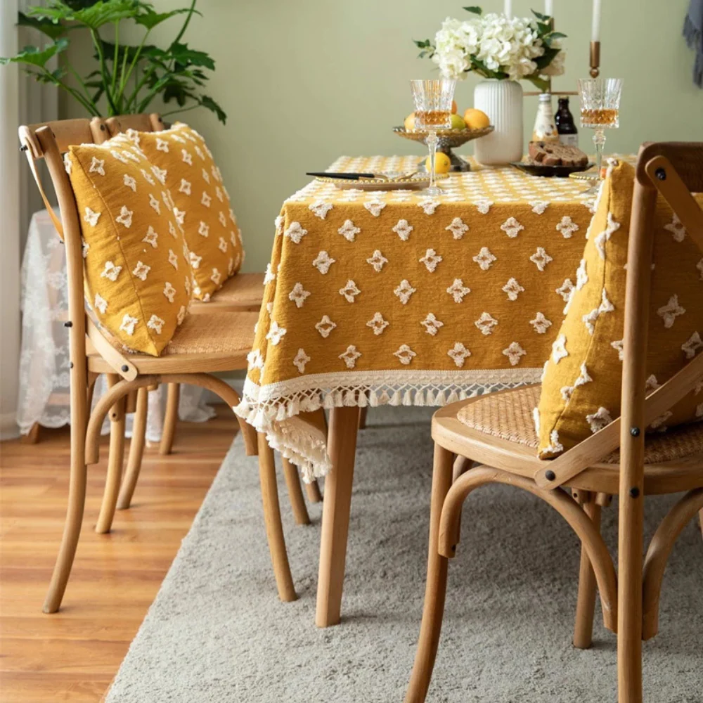 Versatile Yellow Embroidered Tassel Tablecloth - Image 4